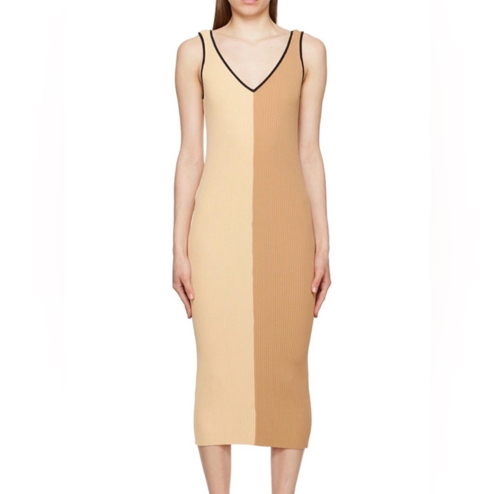 STAUD V Neck Ribbed Midi Dress Cream and Tan - Picture 8 of 9